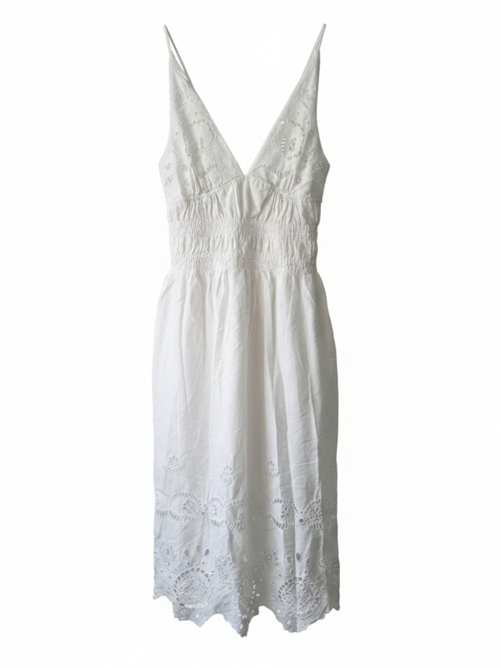 FUTURE COLLECTIVE | White Eyelet Spaghetti‎ Strap Smocked Cotton Sundress | XL